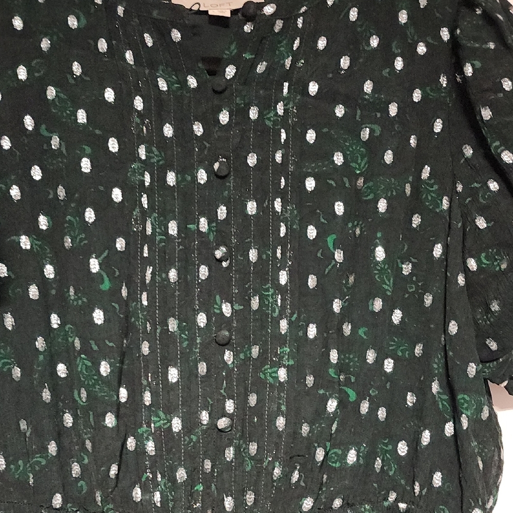 LOFT Metallic Clip Pintucked Flare Dress Green & Silver Size L - Picture 3 of 12